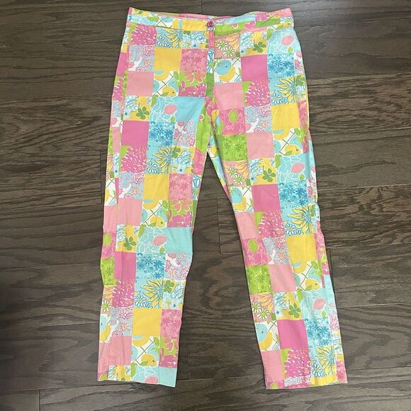 Lilly Pulitzer Vintage Floral Patchwork Cropped Pants Womens Green‎ Pink 4 - Picture 1 of 6